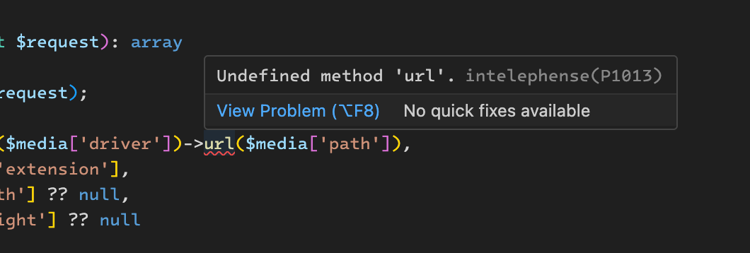 Screenshot of an Intelephense error in the VSCode IDE